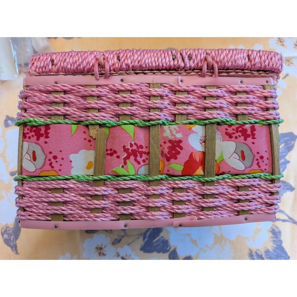 Vintage Azar Pink Woven Sewing Basket Floral Lid & Green Trim
